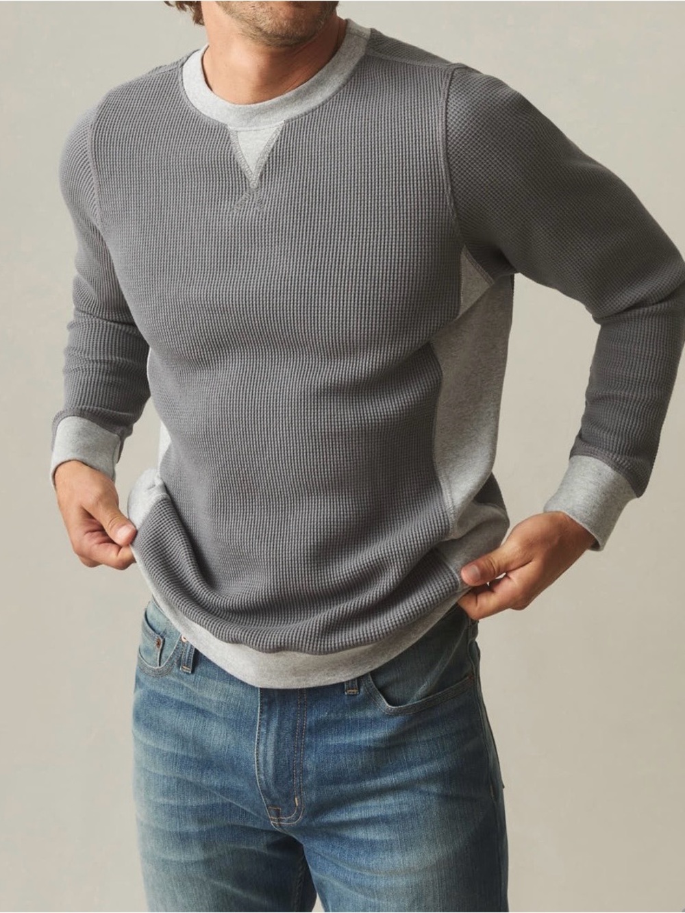 Heavyweight waffle thermal colorblock crewneck Made in USA